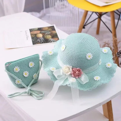 Kids Hat For Girls 2-7Y Straw Children's Sunshade Cap Bag Summer Baby Travel Sunscreen Beach Hat Sun Fisherman Cap Fashion Style - ZOOMNSTORE