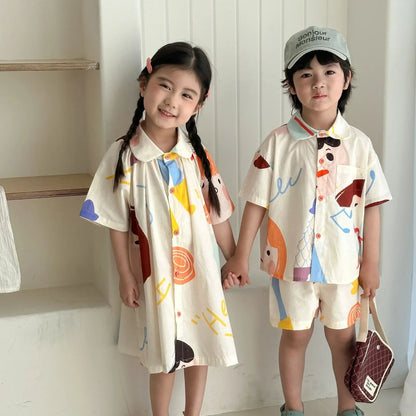 Kids Summer Clothing Set - Boys Two Piece Suit  Girls Graffiti Dress - ZOOMNSTORE