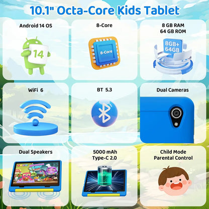 URAO 10 Inch Cartoon Pattern Kids Tablet Android Octa-Core 8GB RAM 64GB ROM Learning Education Games Tablets Children's Gifts - ZOOMNSTORE