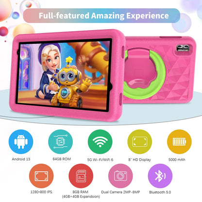 VASOUN Kids Tablet 8 Inch, Android 13 Quad Core, 8GB(4+4expand)RAM+64GB ROM, 5000mAh, Dual Camera, WiFi, Parental Control - ZOOMNSTORE