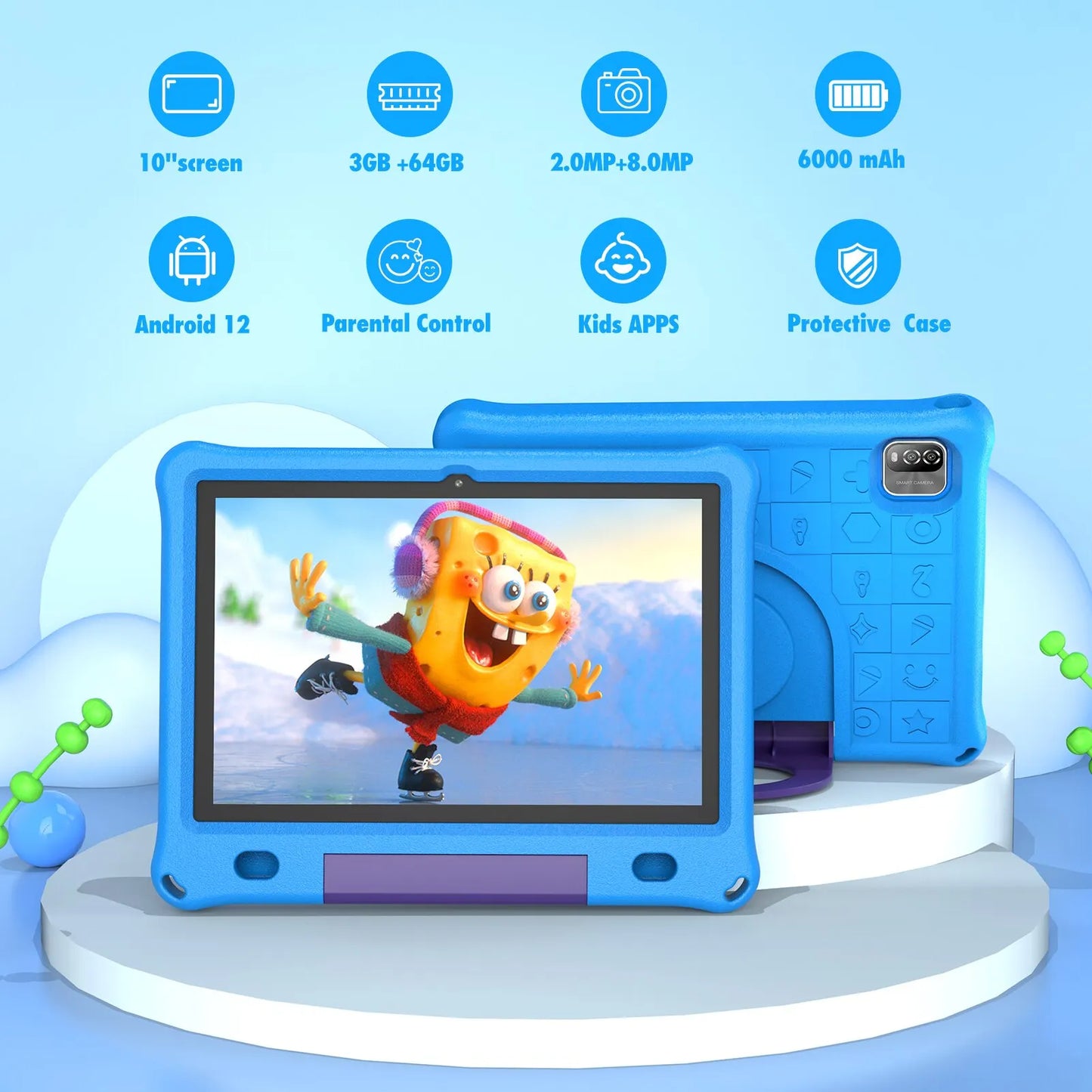 Kids Tablet - Pritom 101 Android 12 Quad Core 3GB RAM 64GB ROM WiFi 6 EVA Case - ZOOMNSTORE