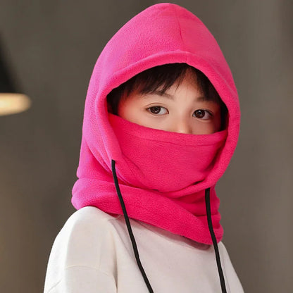 Winter Fleece Kids Balaclava Hat Outdoor Windproof Cycling Cap for Children Boy Girl Solid Color Thick Warm Hooded Beanie Scarf - ZOOMNSTORE