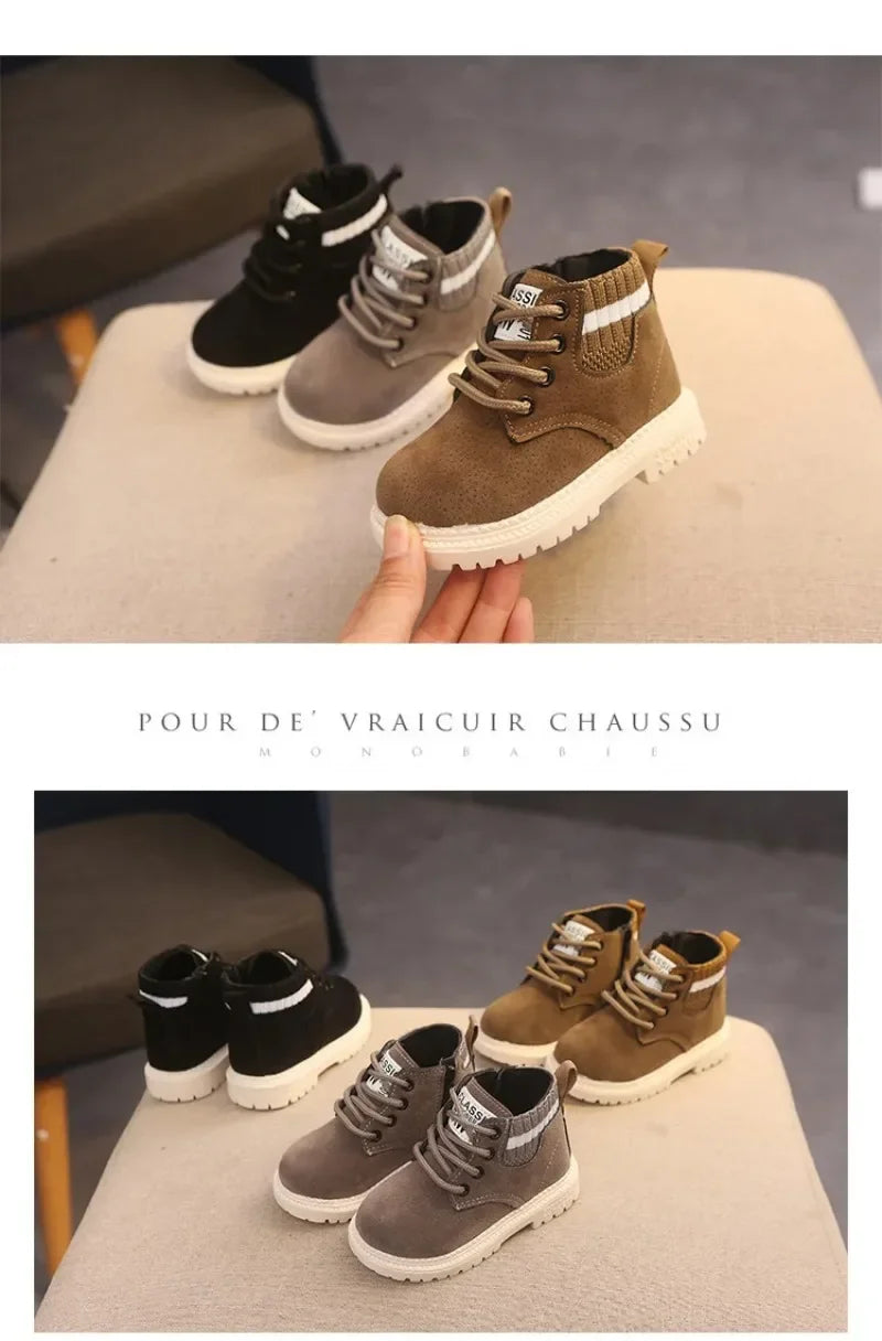 Kids Winter Boots - Plush Inside Cotton Fabric Ankle Height Lace-Up Shoes - ZOOMNSTORE