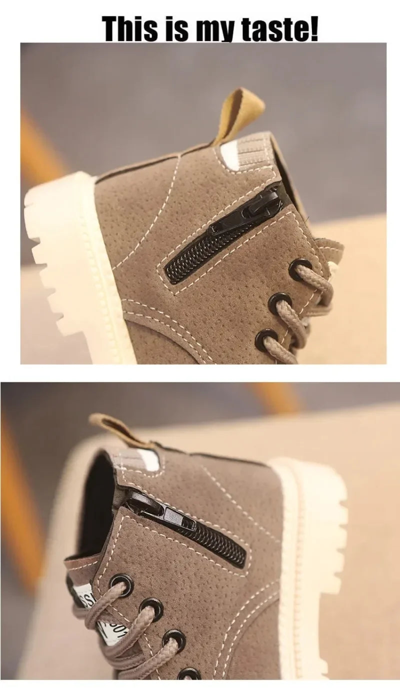 Kids Winter Boots - Plush Inside Cotton Fabric Ankle Height Lace-Up Shoes - ZOOMNSTORE