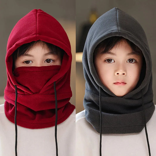 Winter Fleece Kids Balaclava Hat Outdoor Windproof Cycling Cap for Children Boy Girl Solid Color Thick Warm Hooded Beanie Scarf - ZOOMNSTORE