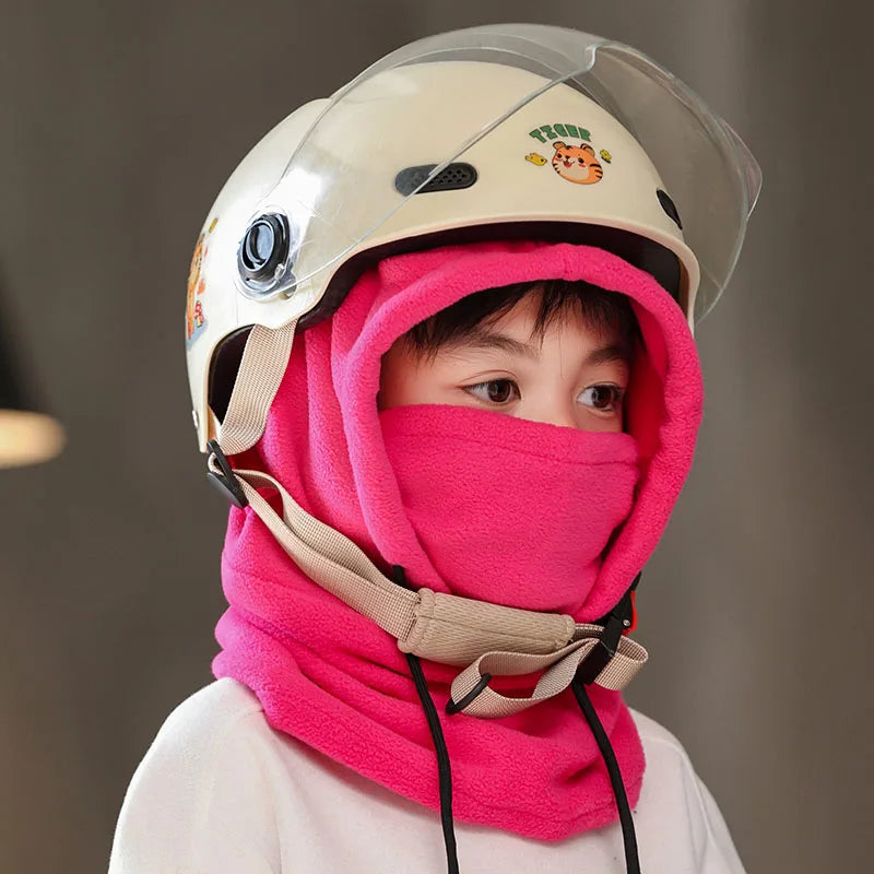 Winter Fleece Kids Balaclava Hat Outdoor Windproof Cycling Cap for Children Boy Girl Solid Color Thick Warm Hooded Beanie Scarf - ZOOMNSTORE