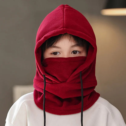 Winter Fleece Kids Balaclava Hat Outdoor Windproof Cycling Cap for Children Boy Girl Solid Color Thick Warm Hooded Beanie Scarf - ZOOMNSTORE