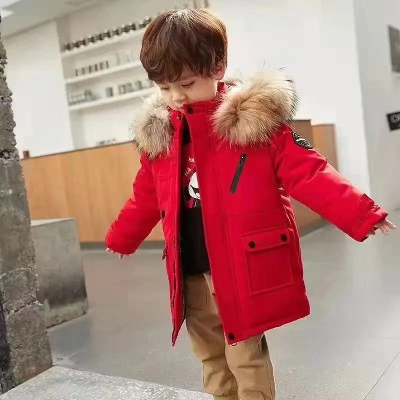 Kids Winter Jacket - Children Padded Coat With Fur Collar Hooded Parka - ZOOMNSTORE