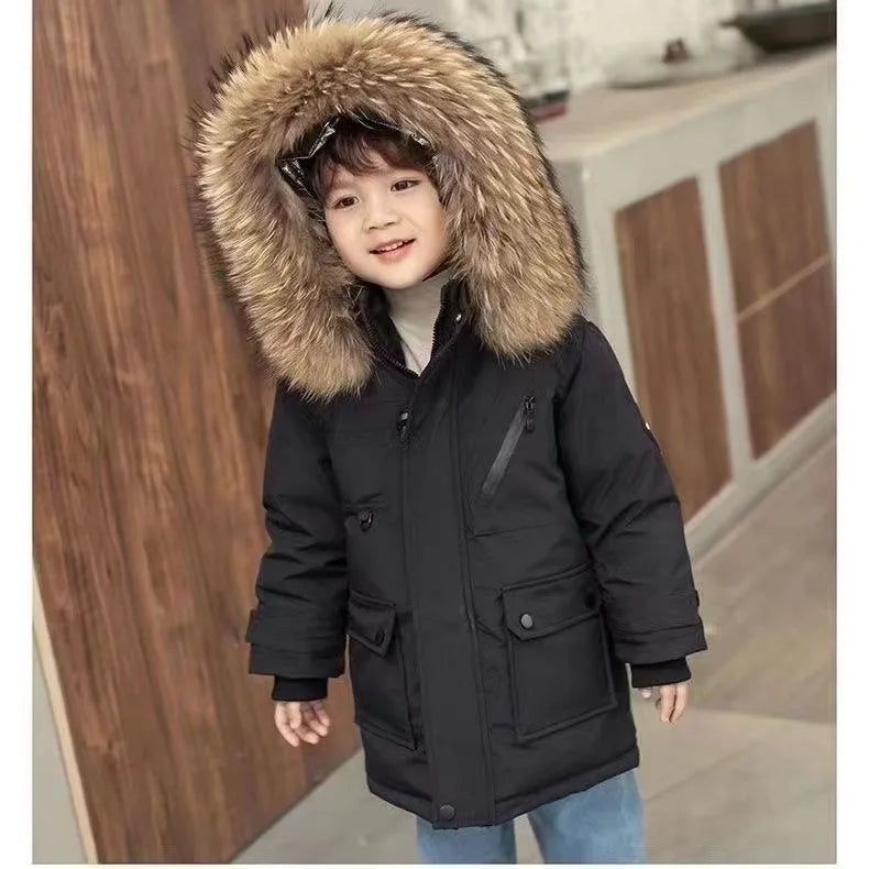 Kids Winter Jacket - Children Padded Coat With Fur Collar Hooded Parka - ZOOMNSTORE