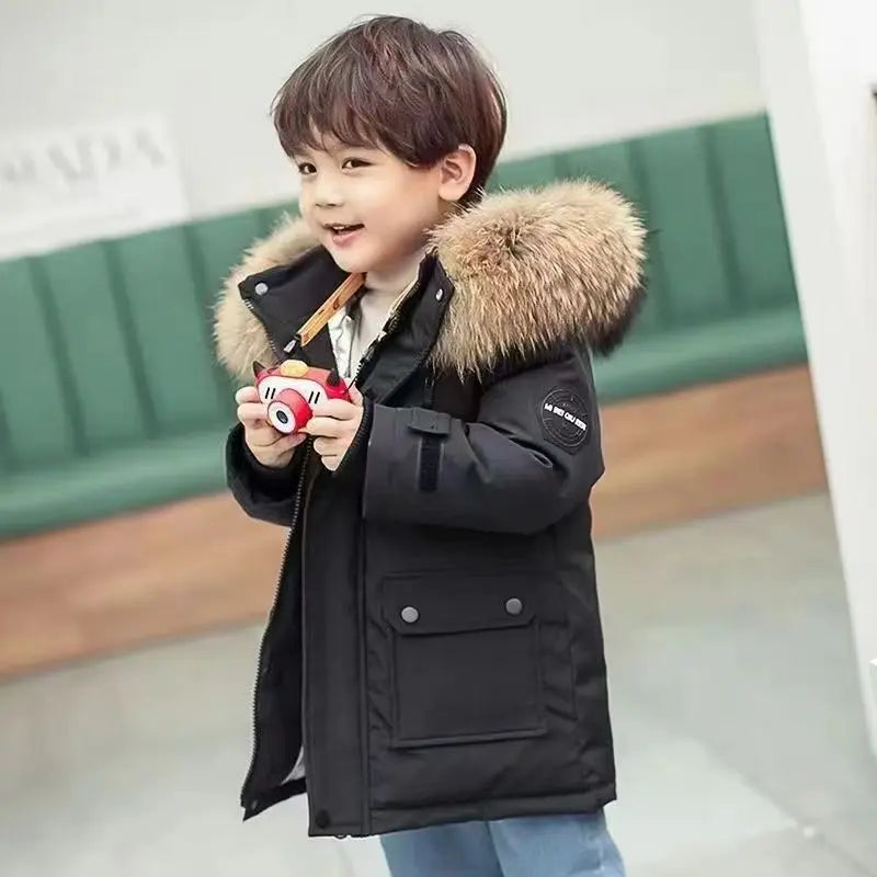 Kids Winter Jacket - Children Padded Coat With Fur Collar Hooded Parka - ZOOMNSTORE