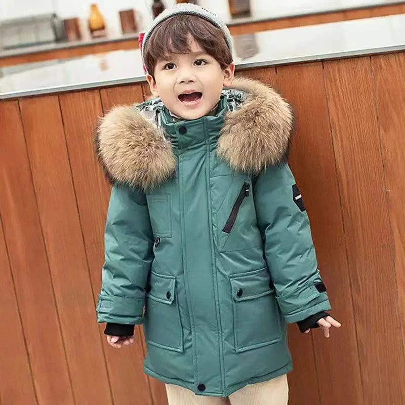 Kids Winter Jacket - Children Padded Coat With Fur Collar Hooded Parka - ZOOMNSTORE