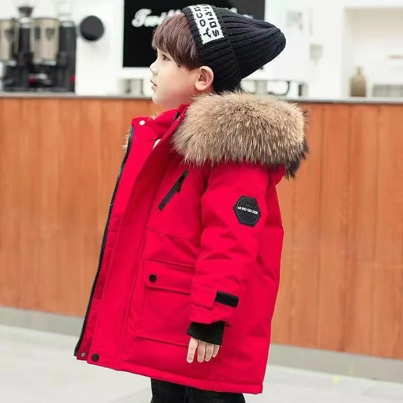 Kids Winter Jacket - Children Padded Coat With Fur Collar Hooded Parka - ZOOMNSTORE