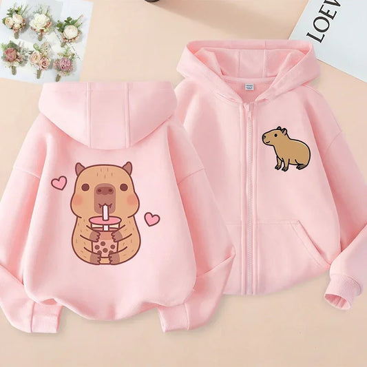 Kawaii Capybara Zip Up Hoodie - Childrens Manga Sweatshirt for Kids - ZOOMNSTORE