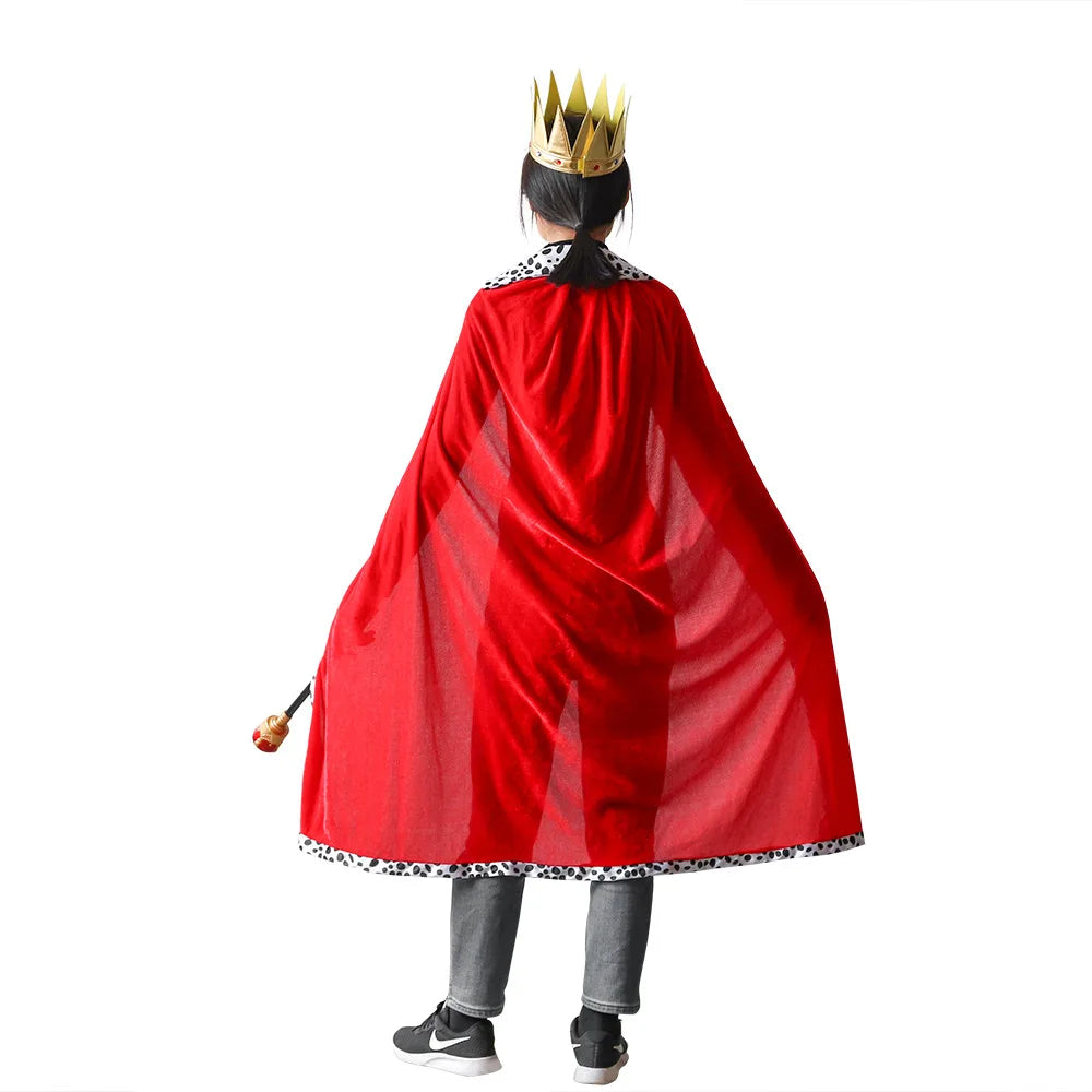 Halloween Adult King Red Cloak Costume Kids King Prince Robe Crown Velvet Cape Children Birthday Party Cosplay Accessory Suit - ZOOMNSTORE
