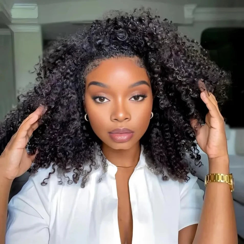 Kinky Curly Half Wig - 200% Density Remy Hair Glueless Clip In Wigs With Pre Plucked Hairline - ZOOMNSTORE