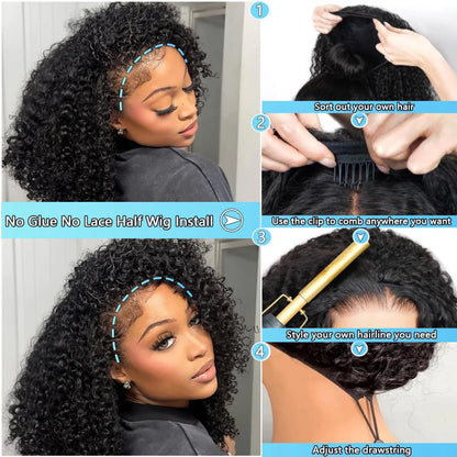Kinky Curly Half Wig - 200% Density Remy Hair Glueless Clip In Wigs With Pre Plucked Hairline - ZOOMNSTORE