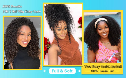 Kinky Curly Half Wig - 200% Density Remy Hair Glueless Clip In Wigs With Pre Plucked Hairline - ZOOMNSTORE