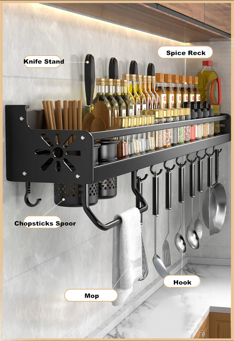 Kitchen Organizer Shelf - Wall Mounted Rack for Spice Storage & Compact Utensil Holder - ZOOMNSTORE
