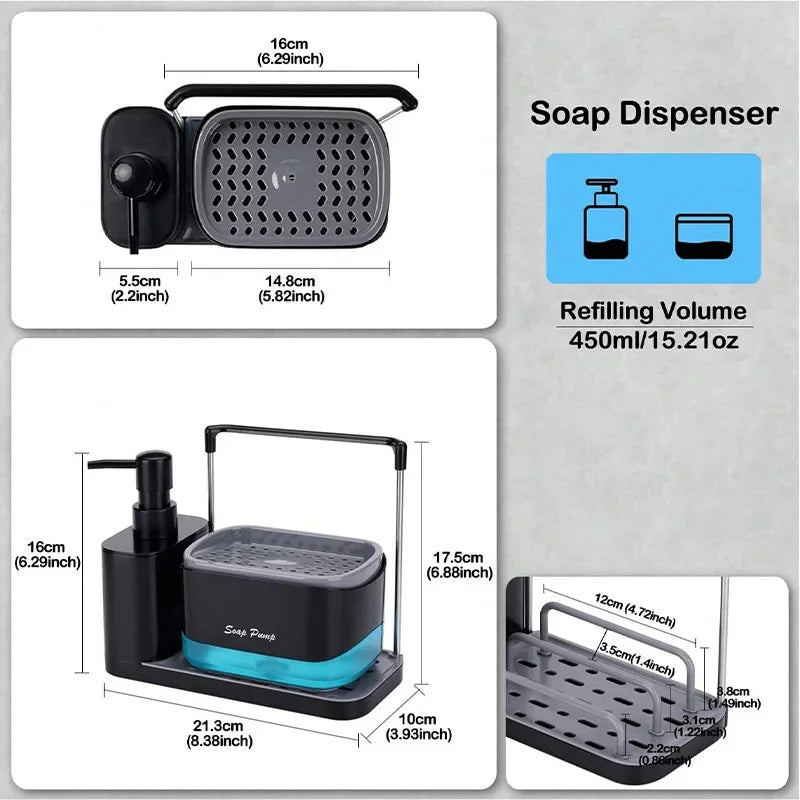 Kitchen Soap Dispenser - Dual Soap Dispensers with Sponge Holder & Dishcloth Tray - ZOOMNSTORE