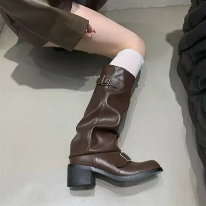 Knee High Boots With Platform Chunky Heels - Women's Leather Punk Gothic Footwear - ZOOMNSTORE