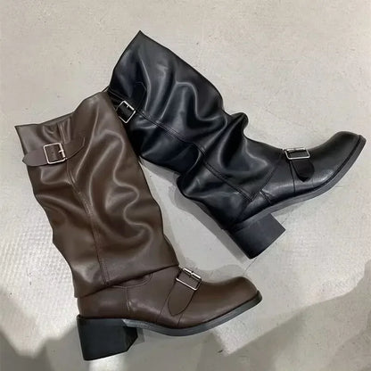 Knee High Boots With Platform Chunky Heels - Women's Leather Punk Gothic Footwear - ZOOMNSTORE