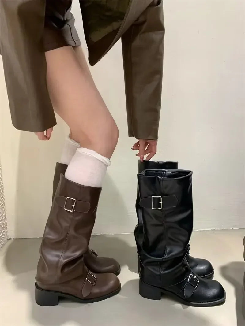 Knee High Boots With Platform Chunky Heels - Women's Leather Punk Gothic Footwear - ZOOMNSTORE