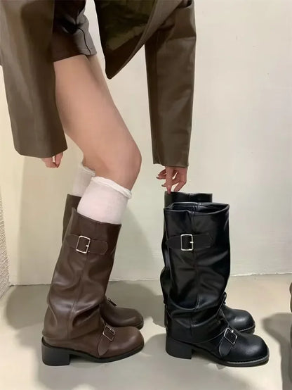 Knee High Boots With Platform Chunky Heels - Women's Leather Punk Gothic Footwear - ZOOMNSTORE