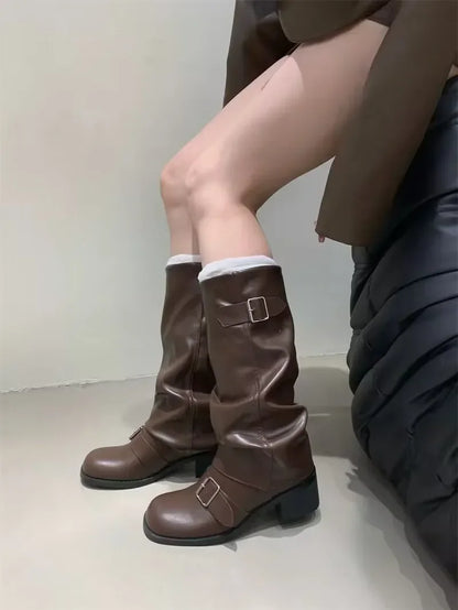 Knee High Boots With Platform Chunky Heels - Women's Leather Punk Gothic Footwear - ZOOMNSTORE