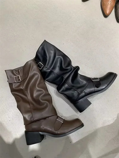 Knee High Boots With Platform Chunky Heels - Women's Leather Punk Gothic Footwear - ZOOMNSTORE