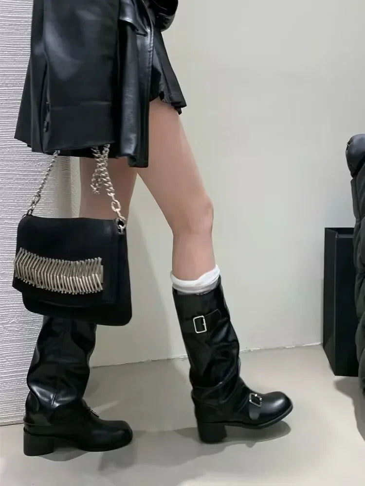 Knee High Boots With Platform Chunky Heels - Women's Leather Punk Gothic Footwear - ZOOMNSTORE