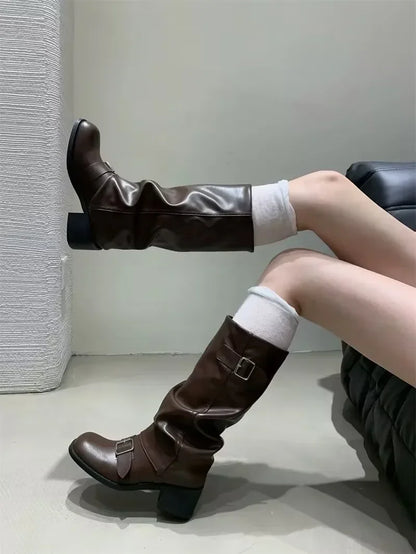 Knee High Boots With Platform Chunky Heels - Women's Leather Punk Gothic Footwear - ZOOMNSTORE