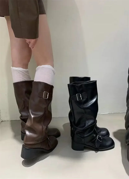 Knee High Boots With Platform Chunky Heels - Women's Leather Punk Gothic Footwear - ZOOMNSTORE