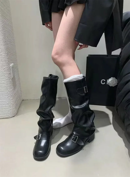 Knee High Boots With Platform Chunky Heels - Women's Leather Punk Gothic Footwear - ZOOMNSTORE