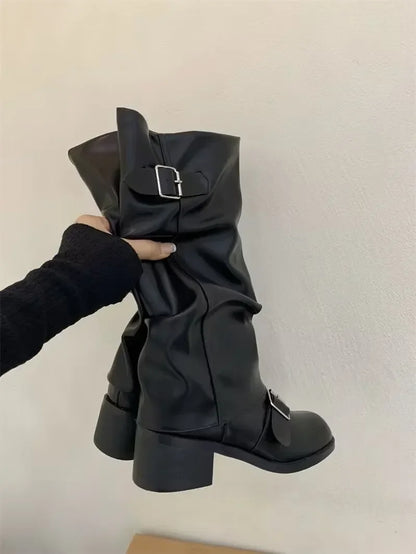 Knee High Boots With Platform Chunky Heels - Women's Leather Punk Gothic Footwear - ZOOMNSTORE