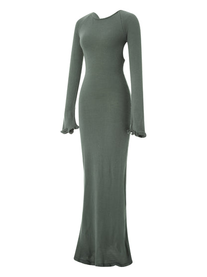 Womens Knitted Bodycon Dress - Long Sleeve Backless Ruffle Trim Beachwear - ZOOMNSTORE