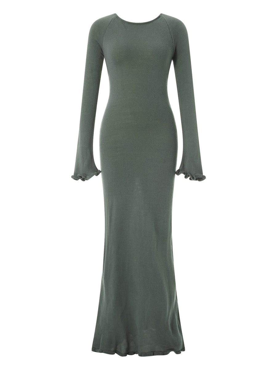 Womens Knitted Bodycon Dress - Long Sleeve Backless Ruffle Trim Beachwear - ZOOMNSTORE