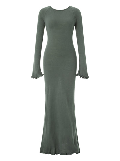 Womens Knitted Bodycon Dress - Long Sleeve Backless Ruffle Trim Beachwear - ZOOMNSTORE