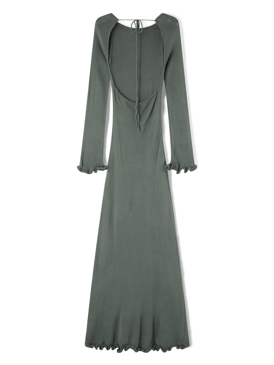 Womens Knitted Bodycon Dress - Long Sleeve Backless Ruffle Trim Beachwear - ZOOMNSTORE