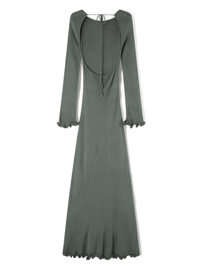 Womens Knitted Bodycon Dress - Long Sleeve Backless Ruffle Trim Beachwear - ZOOMNSTORE