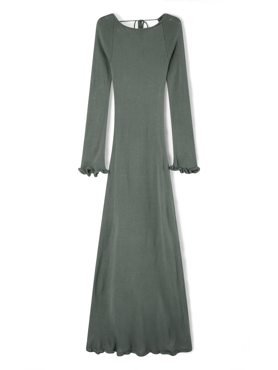 Womens Knitted Bodycon Dress - Long Sleeve Backless Ruffle Trim Beachwear - ZOOMNSTORE