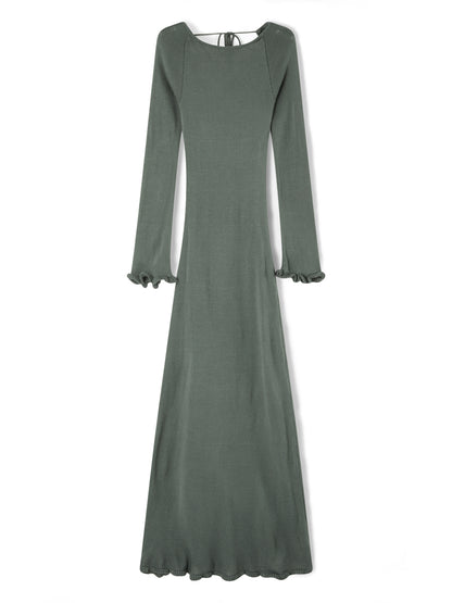 Womens Knitted Bodycon Dress - Long Sleeve Backless Ruffle Trim Beachwear - ZOOMNSTORE