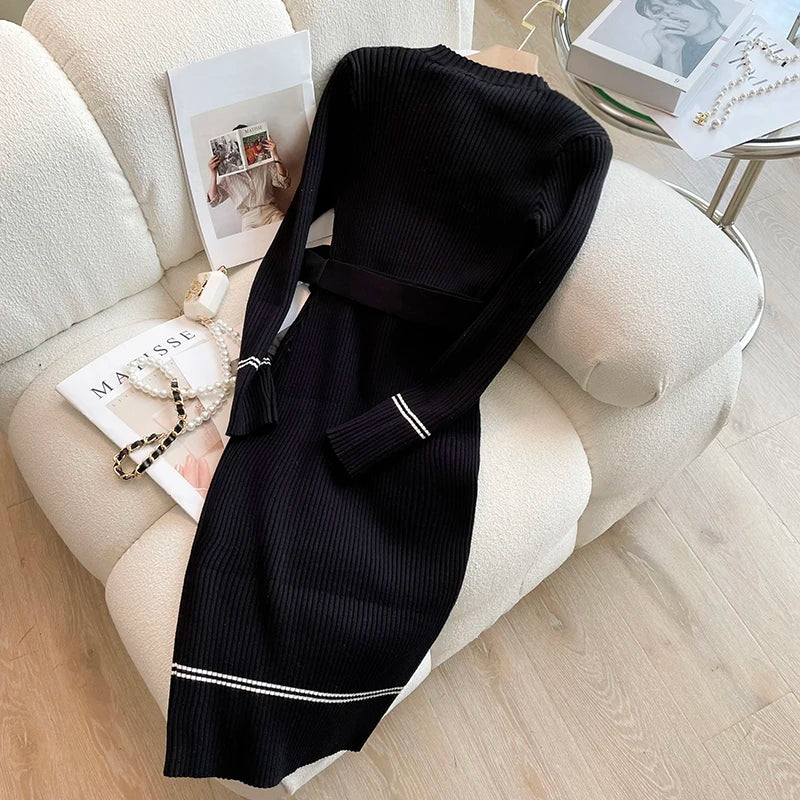 Knitted Bodycon Sweater Dress - Womens O-neck Office Dress with Belt and Buttons - ZOOMNSTORE