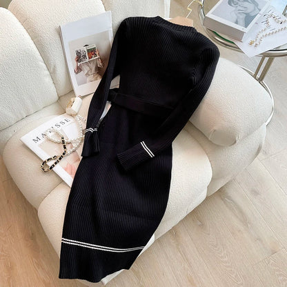 Knitted Bodycon Sweater Dress - Womens O-neck Office Dress with Belt and Buttons - ZOOMNSTORE