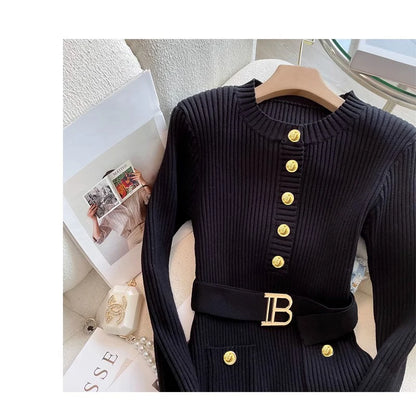 Knitted Bodycon Sweater Dress - Womens O-neck Office Dress with Belt and Buttons - ZOOMNSTORE