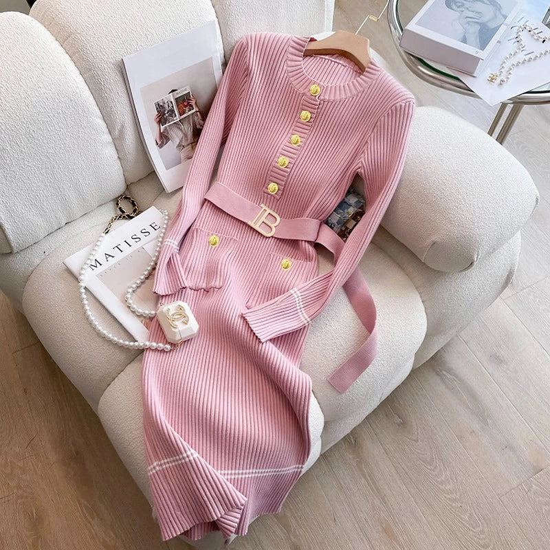 Knitted Bodycon Sweater Dress - Womens O-neck Office Dress with Belt and Buttons - ZOOMNSTORE