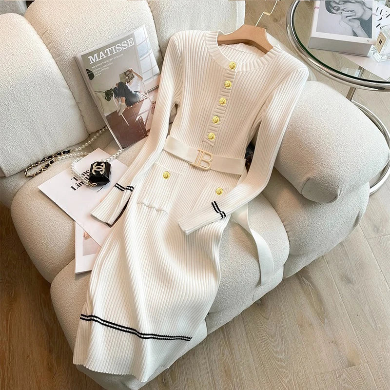 Knitted Bodycon Sweater Dress - Womens O-neck Office Dress with Belt and Buttons - ZOOMNSTORE