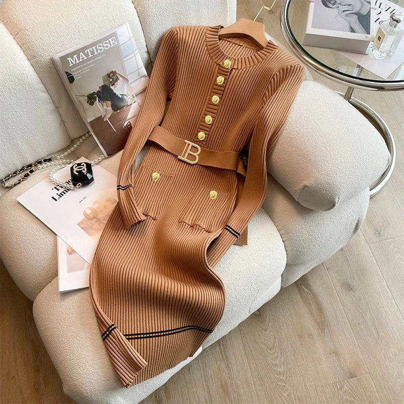 Knitted Bodycon Sweater Dress - Womens O-neck Office Dress with Belt and Buttons - ZOOMNSTORE
