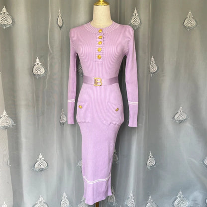 Knitted Bodycon Sweater Dress - Womens O-neck Office Dress with Belt and Buttons - ZOOMNSTORE