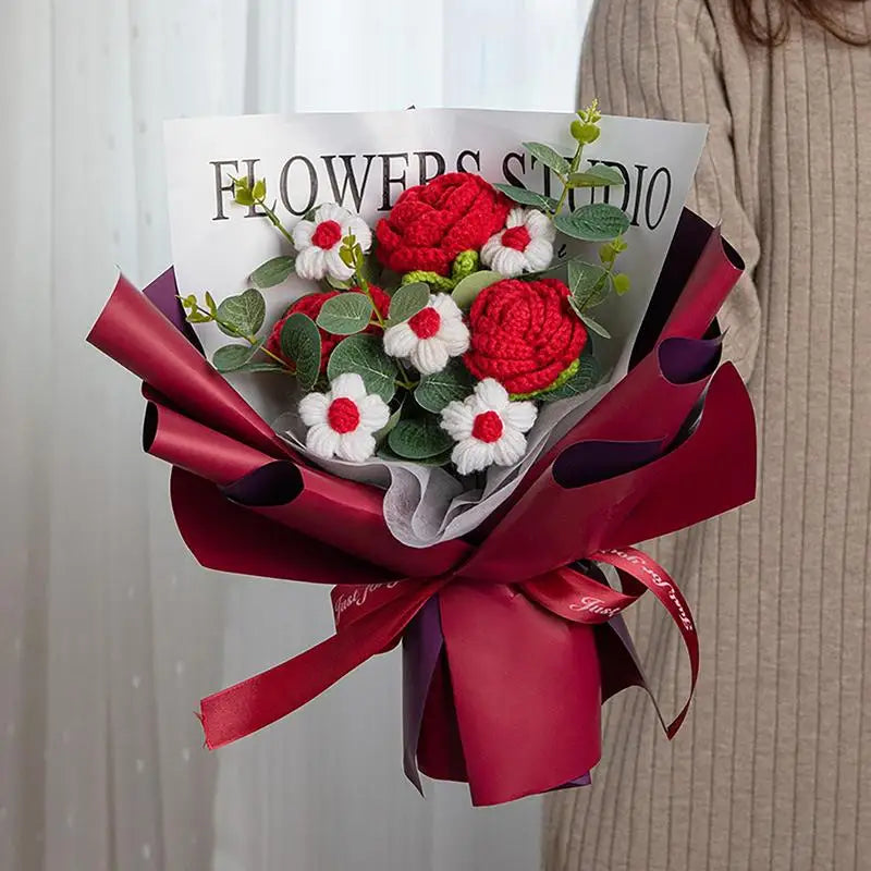 Knitted Flower Bouquet - Handmade Crochet Roses for Weddings  Valentines Day Gifts - ZOOMNSTORE