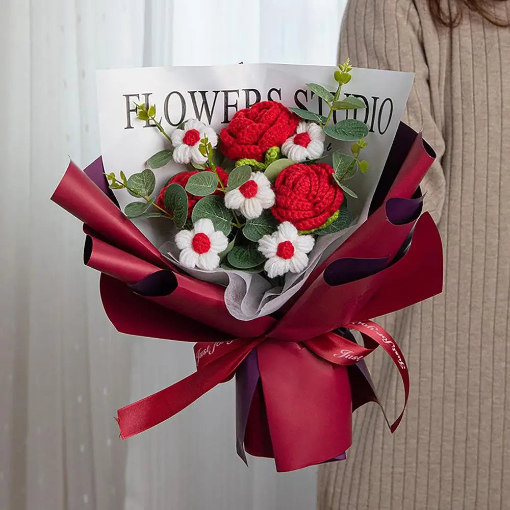 Knitted Flower Bouquet - Handmade Crochet Roses for Weddings  Valentines Day Gifts - ZOOMNSTORE